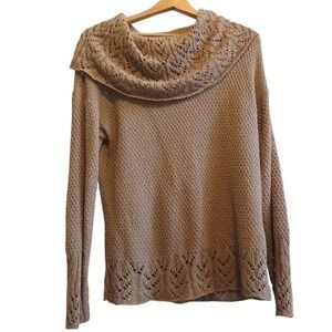 Womens Tan Lace Knit Cowl Neck Long Sleeve Sweater Top